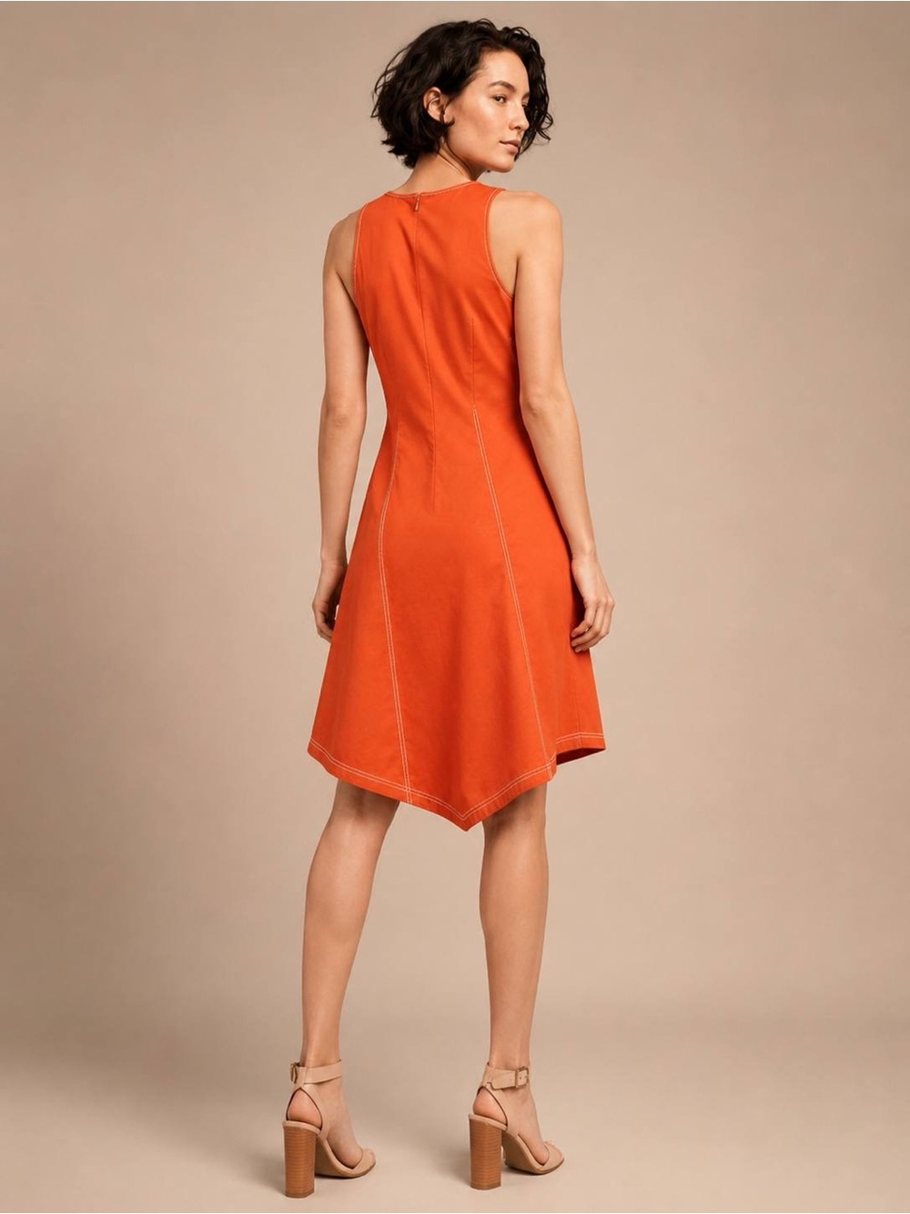 Maeve Anthropologie Dress Women Size 8 Orange Contrast Stitch Asymmetric Hem - Picture 3 of 12